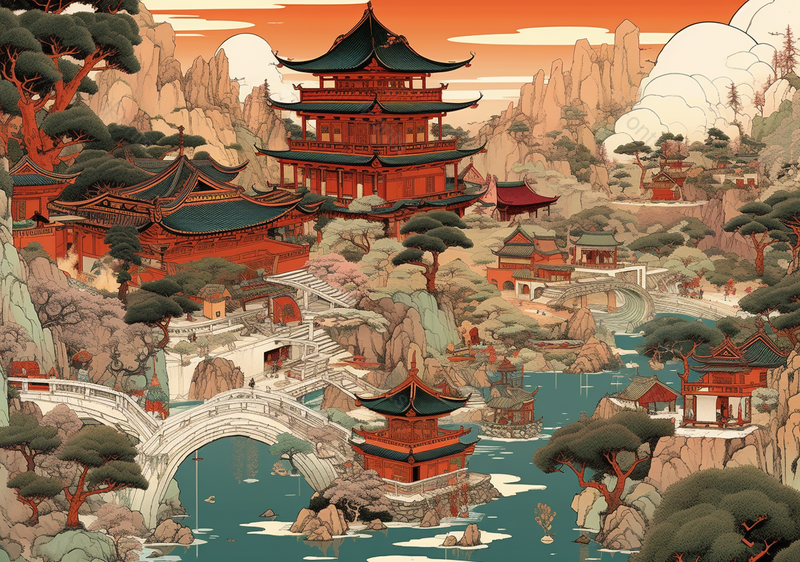 国潮小桥流水高山中的古代建筑楼阁背景,插画/手绘图,插画/手绘图库,插画/手绘图下载,插画/手绘